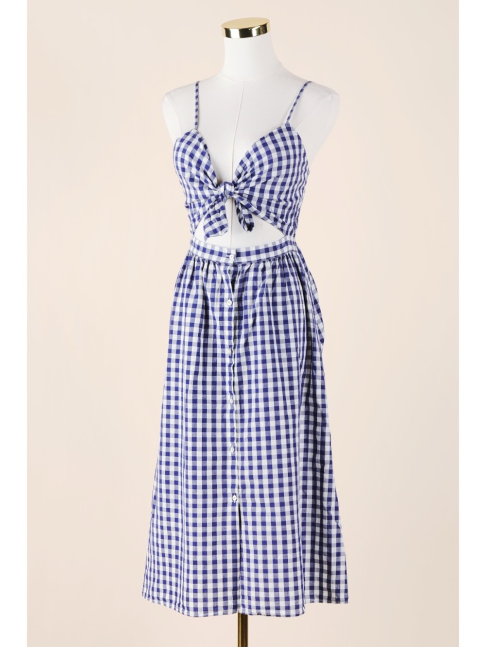 Sz S Zara White & Navy Gingham Sleeveless Cut Out Front Tie Midi Dress EUC